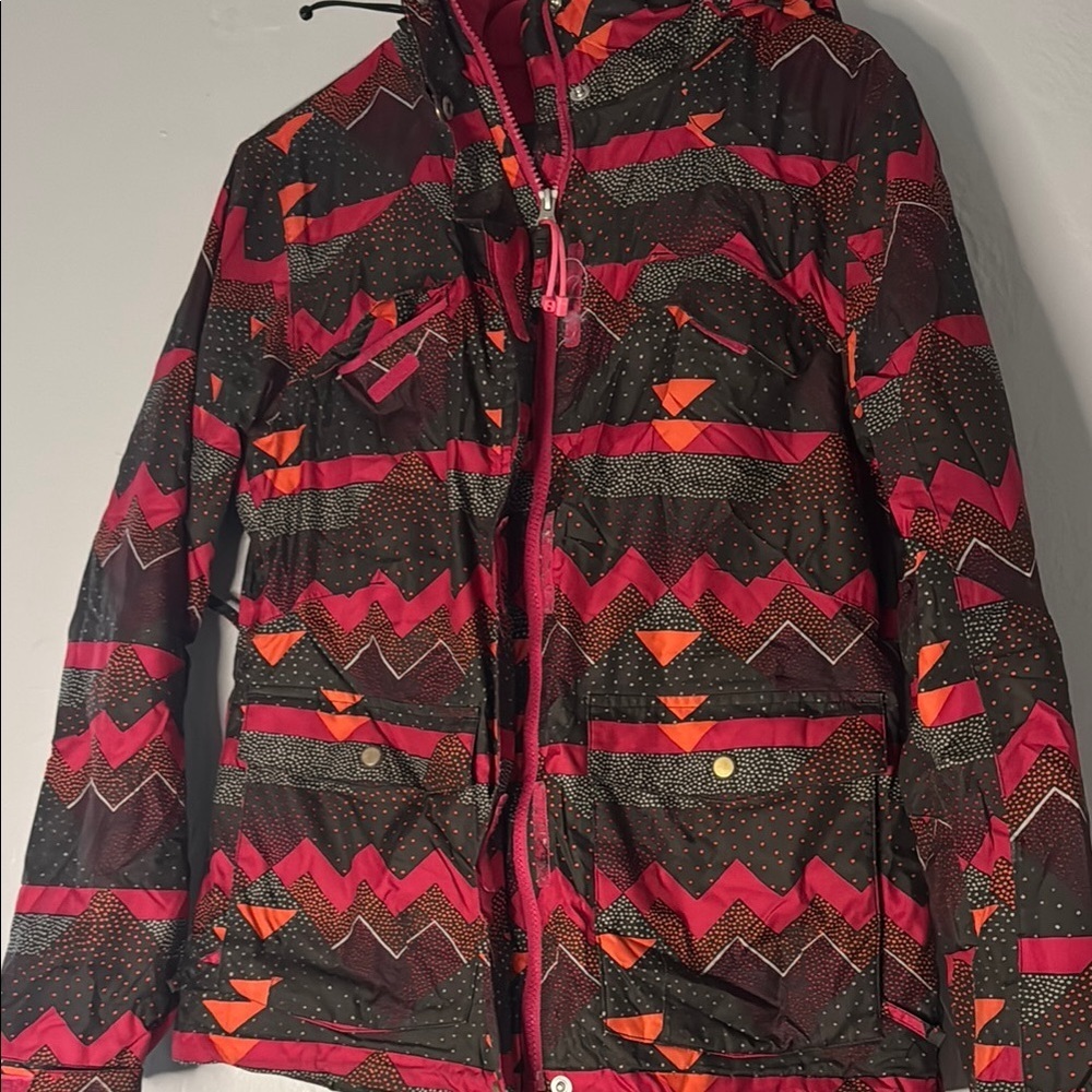 Simms Red Black Ski Jacket Geometric Insulated Hooded - Picture 2 of 16